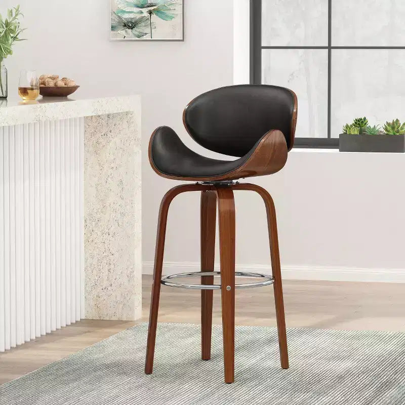 Mid Century Modern Faux Leather and Wood 30" Swivel Barstool