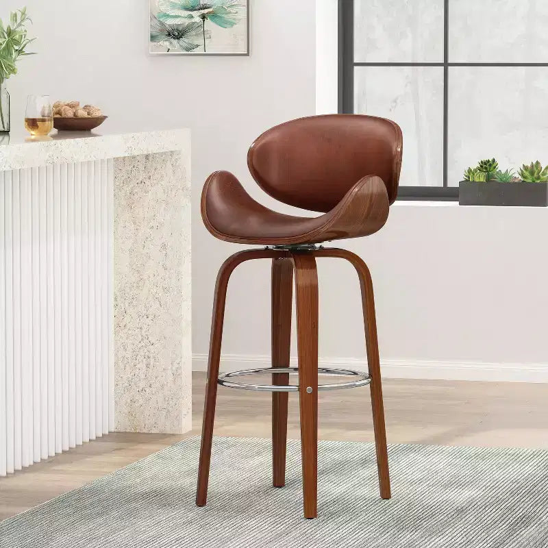 Mid Century Modern Faux Leather and Wood 30" Swivel Barstool