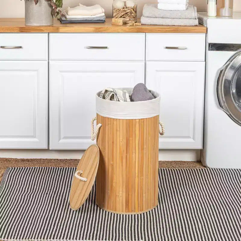 Bamboo Laundry Hamper with Rope Handles, Lid and Removable Machine Washable Laundry Bag