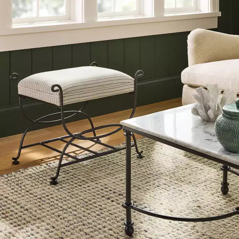 Metal Ottoman with Performance Stripe Fabric Upholstery