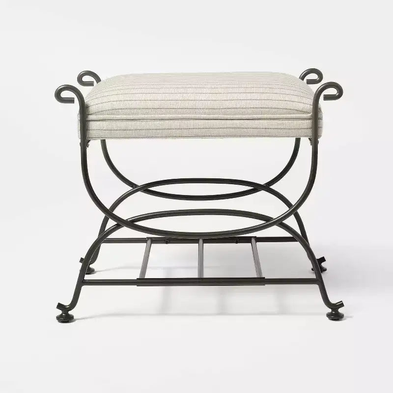 Metal Ottoman with Performance Stripe Fabric Upholstery